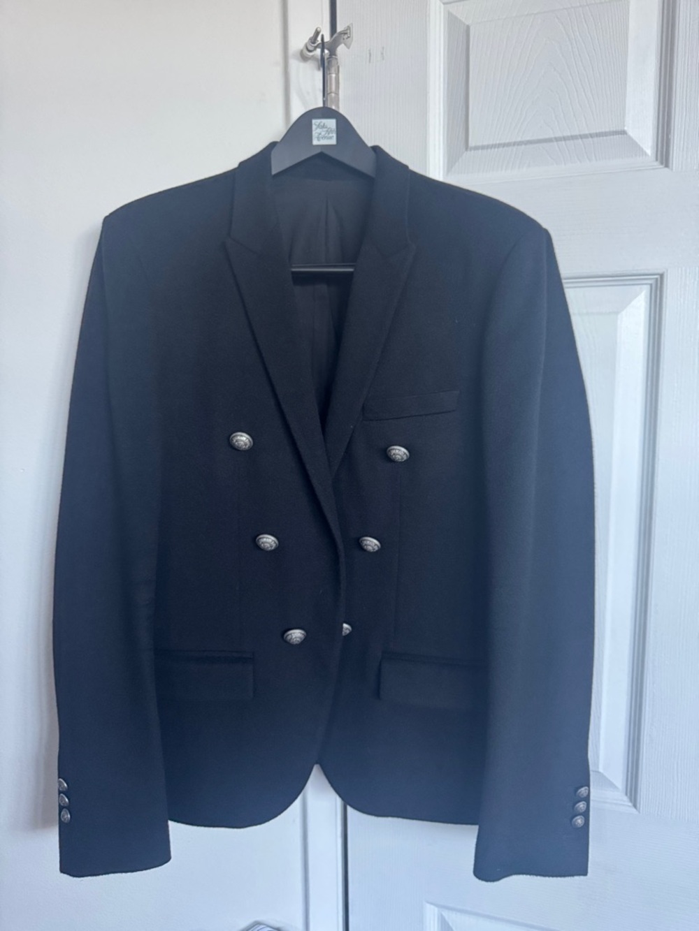 Men’s Balmain Black Cashmere Double-Breasted Coat with Embossed Silver Button